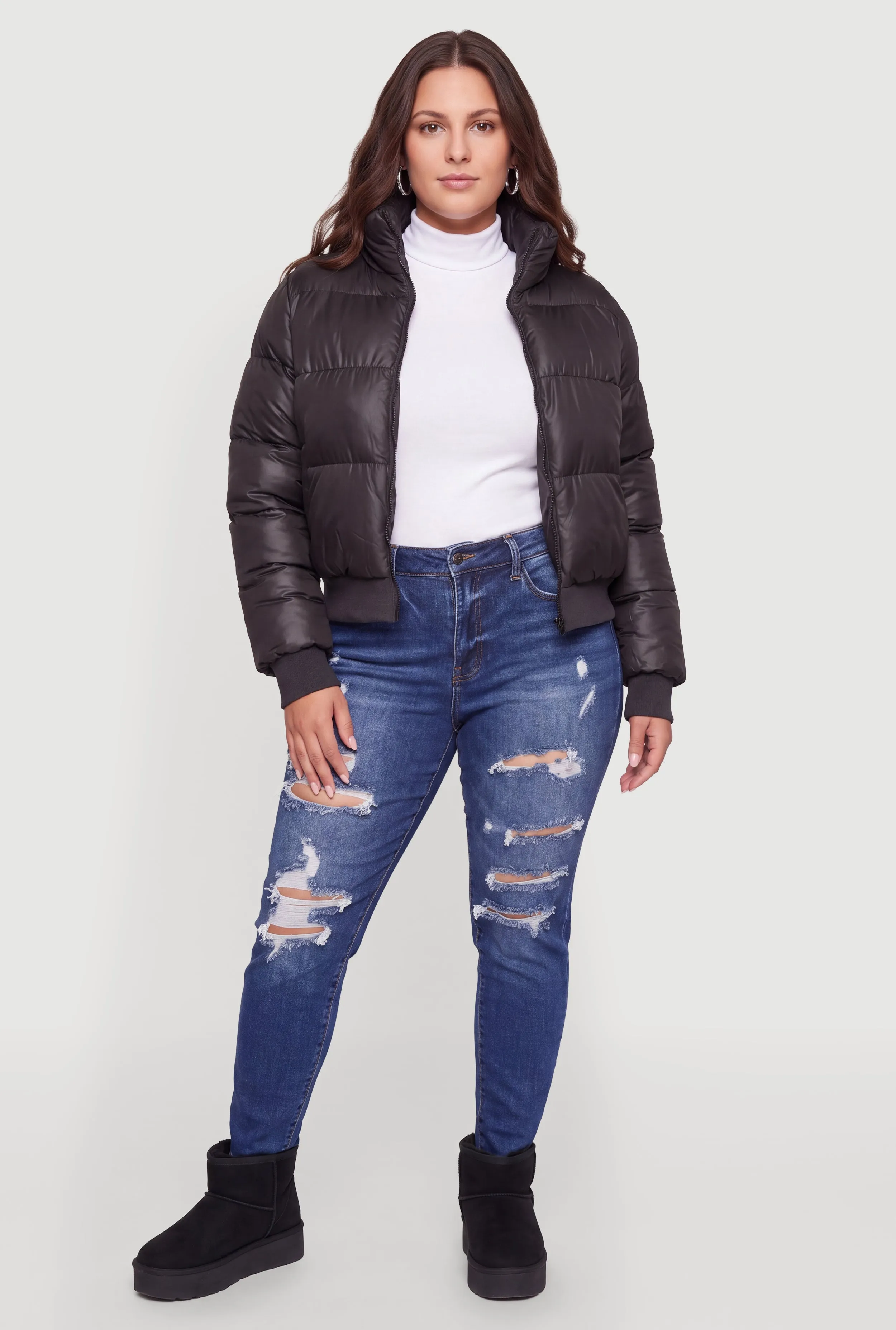 Plus Size Long Sleeve Zip Front Hooded Puffer Jacket sold by Rainbow