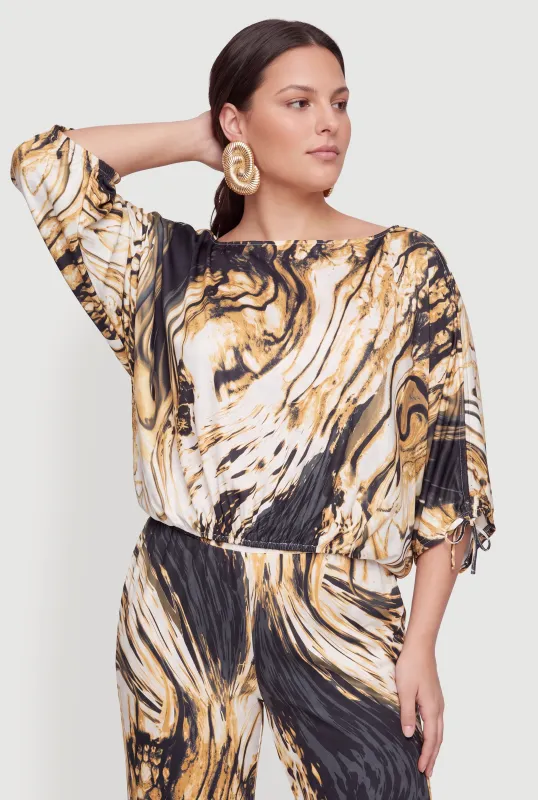 Plus Size Abstract Marble Print Dolman Sleeve Blouse made by Rainbow