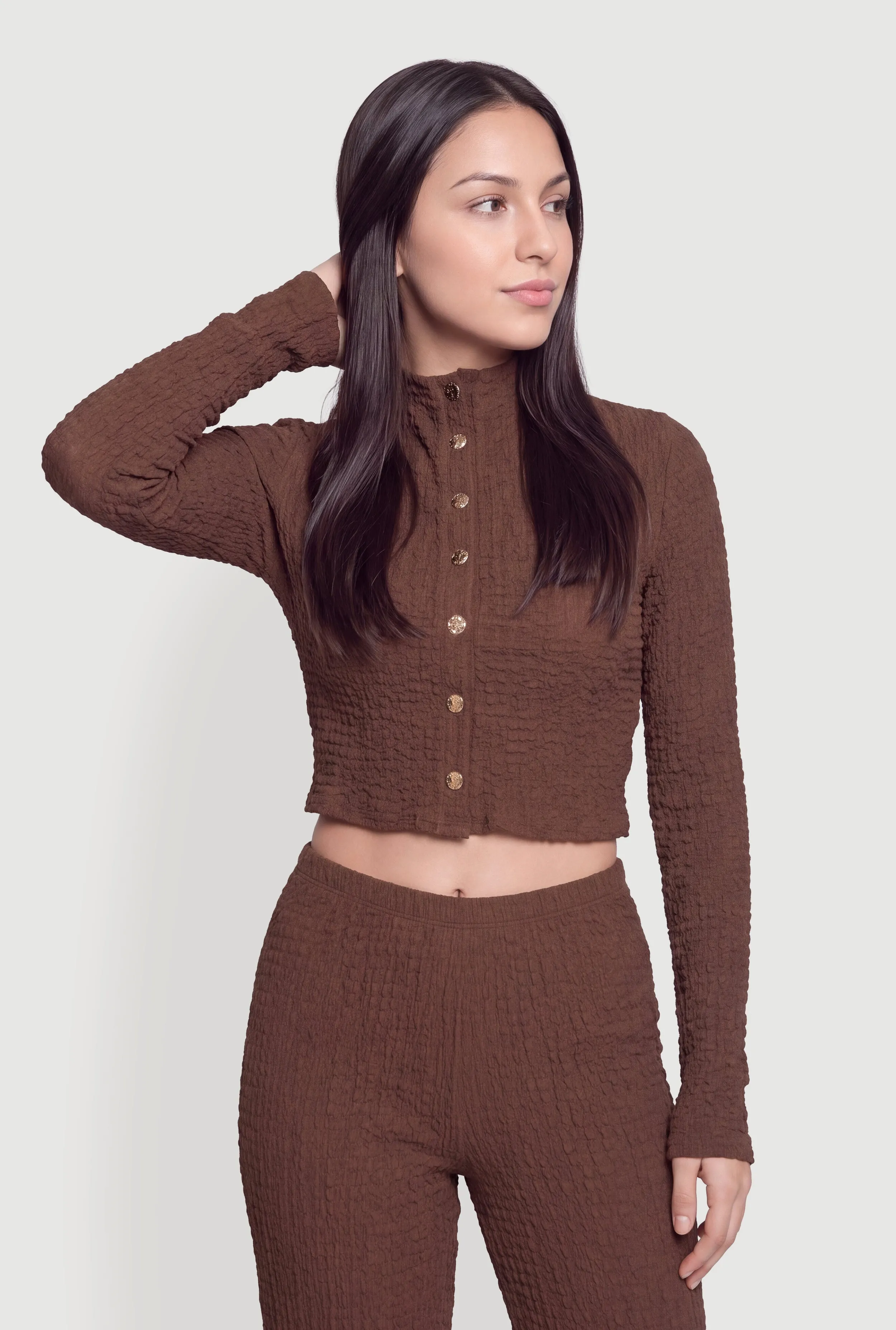 Textured Knit Long Sleeve Button Front Crop Top sold by Rainbow