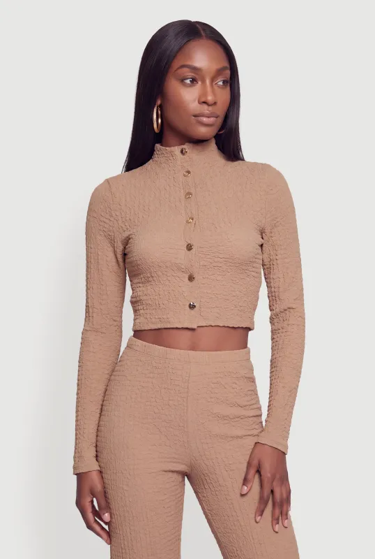 Textured Knit Long Sleeve Button Front Crop Top made by Rainbow