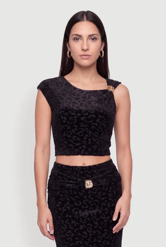 Leopard Velvet Burnout Metallic Detail Crop Top made by Rainbow