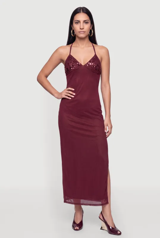 Sequin Detail Side Slit Halter Maxi Dress made by Madden Girl