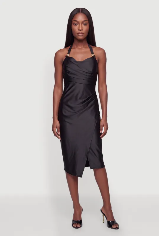 Metallic Detail Cowl Neck Halter Midi Dress made by Rainbow