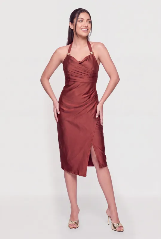 Metallic Detail Cowl Neck Halter Midi Dress made by Rainbow