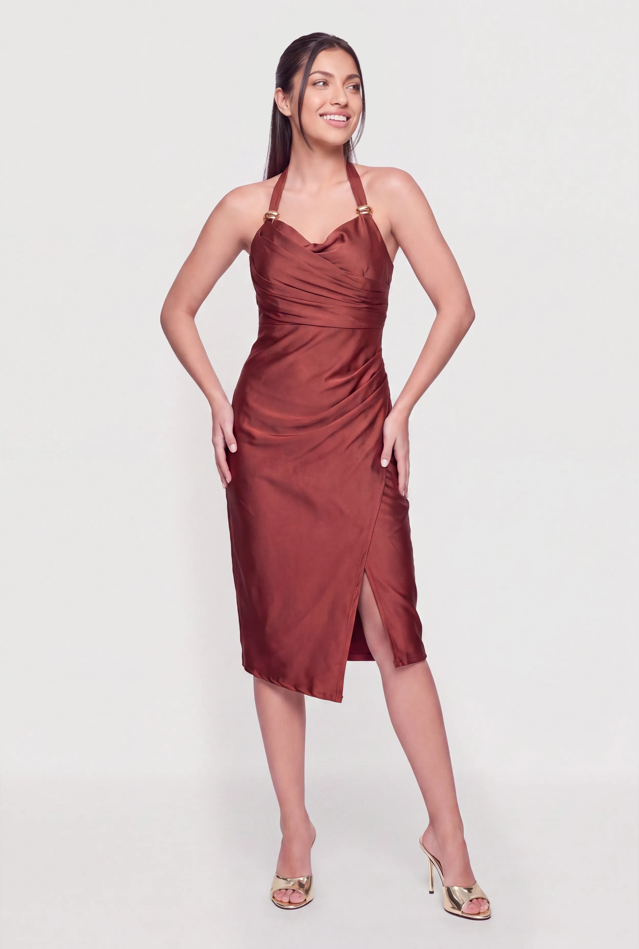 Metallic Detail Cowl Neck Halter Midi Dress sold by Rainbow