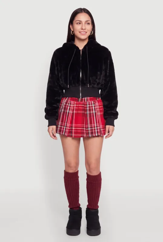 Faux Fur Cropped Zip Front Hooded Jacket made by Ambiance