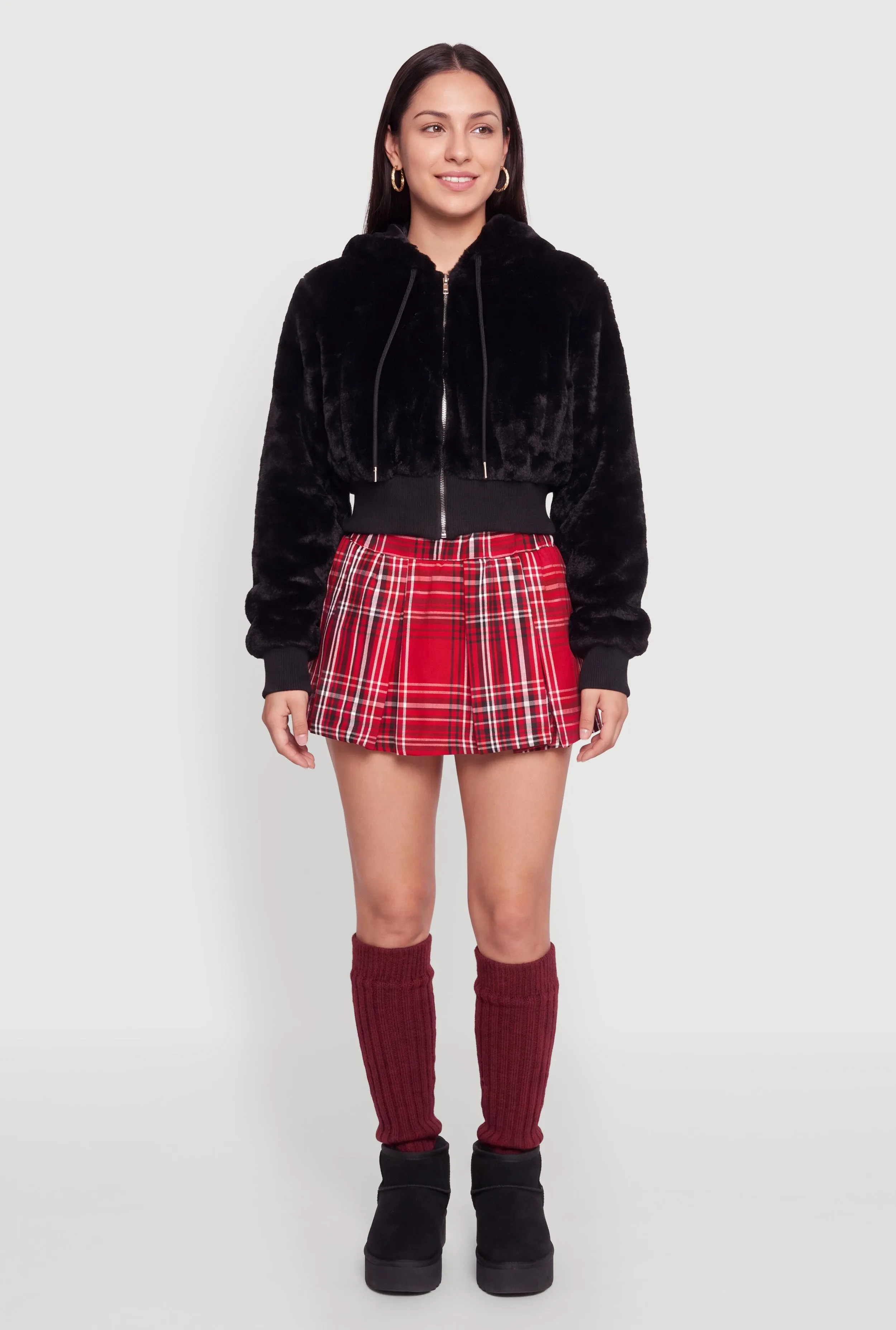 Faux Fur Cropped Zip Front Hooded Jacket sold by Rainbow