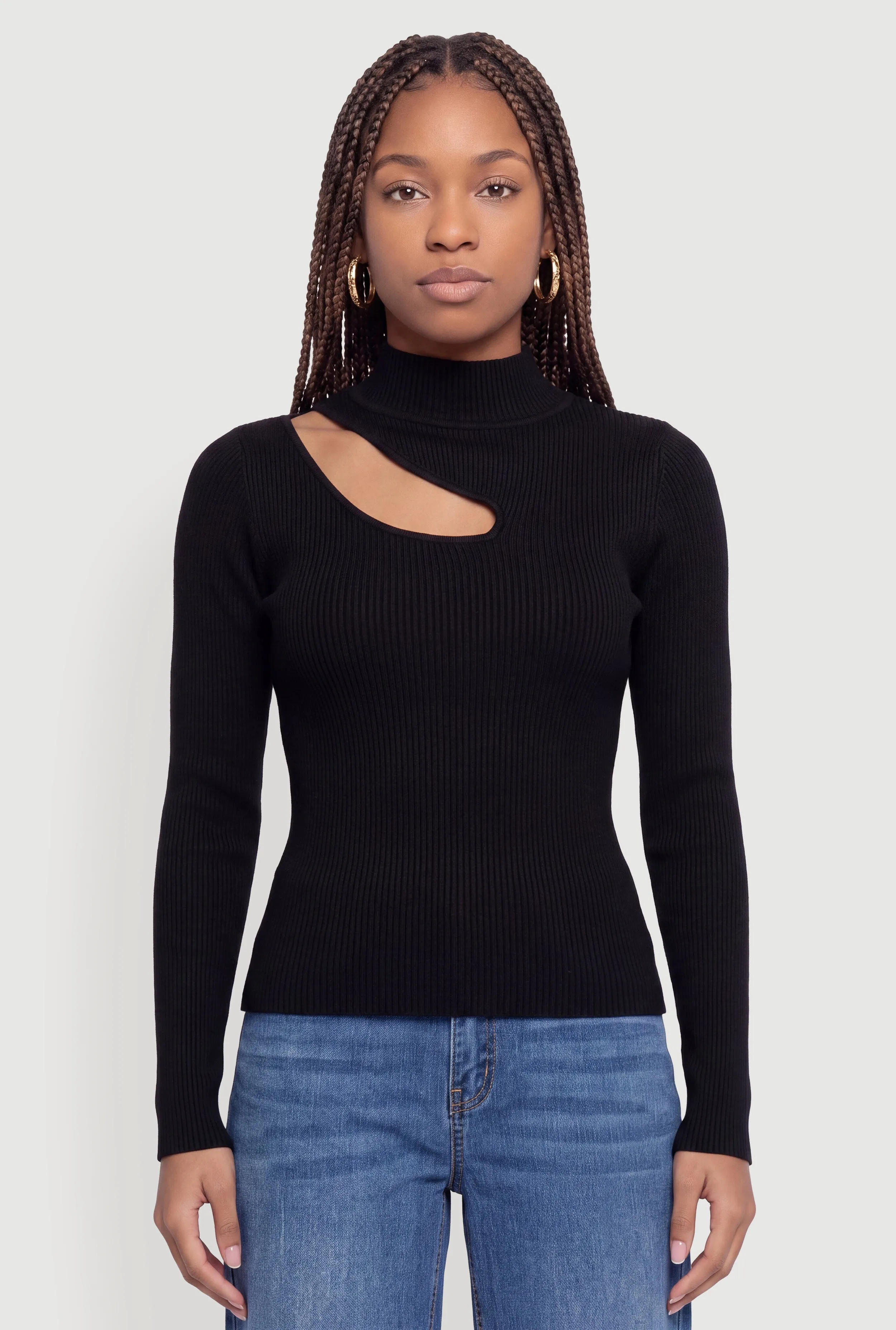 Cutout Mock Neck Ribbed Knit Sweater sold by Rainbow product image thumbnail 2