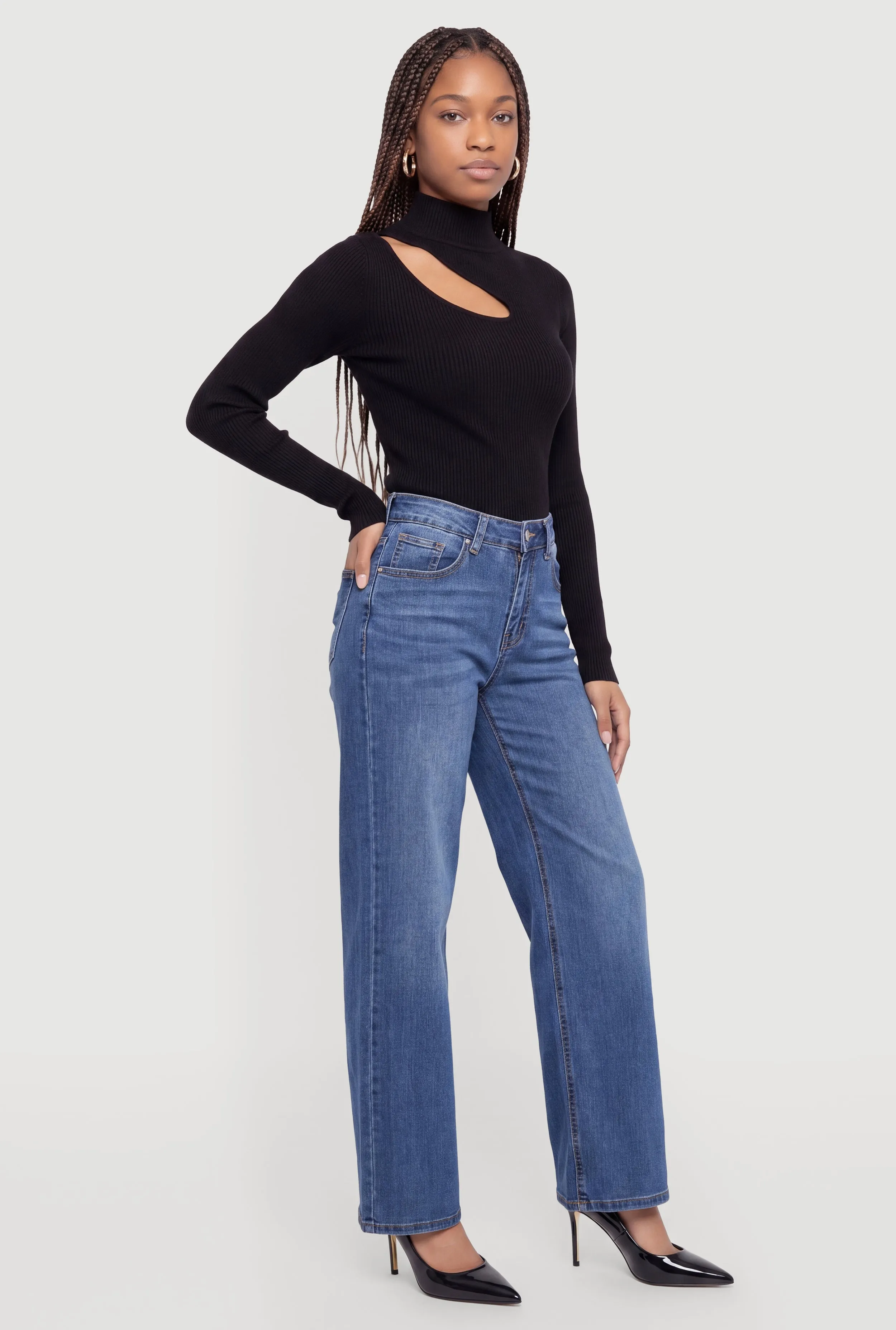 Cutout Mock Neck Ribbed Knit Sweater sold by Rainbow product image thumbnail 3