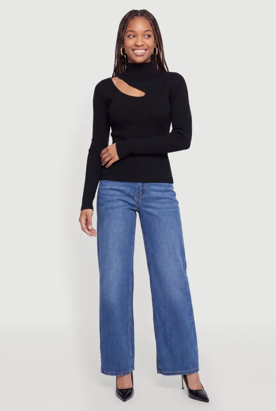 Cutout Mock Neck Ribbed Knit Sweater made by Rainbow
