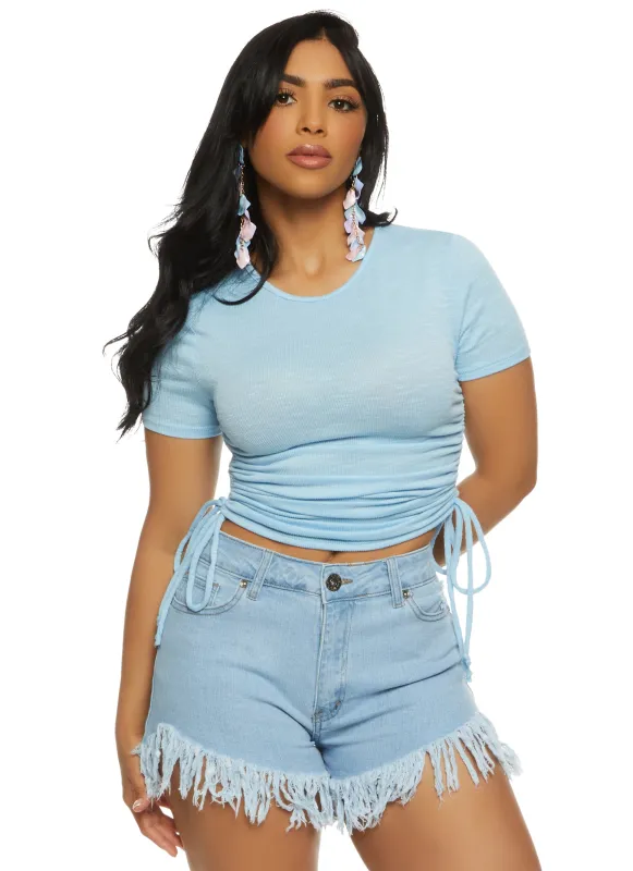 Ribbed Crew Neck Ruched Side T Shirt made by Rainbow