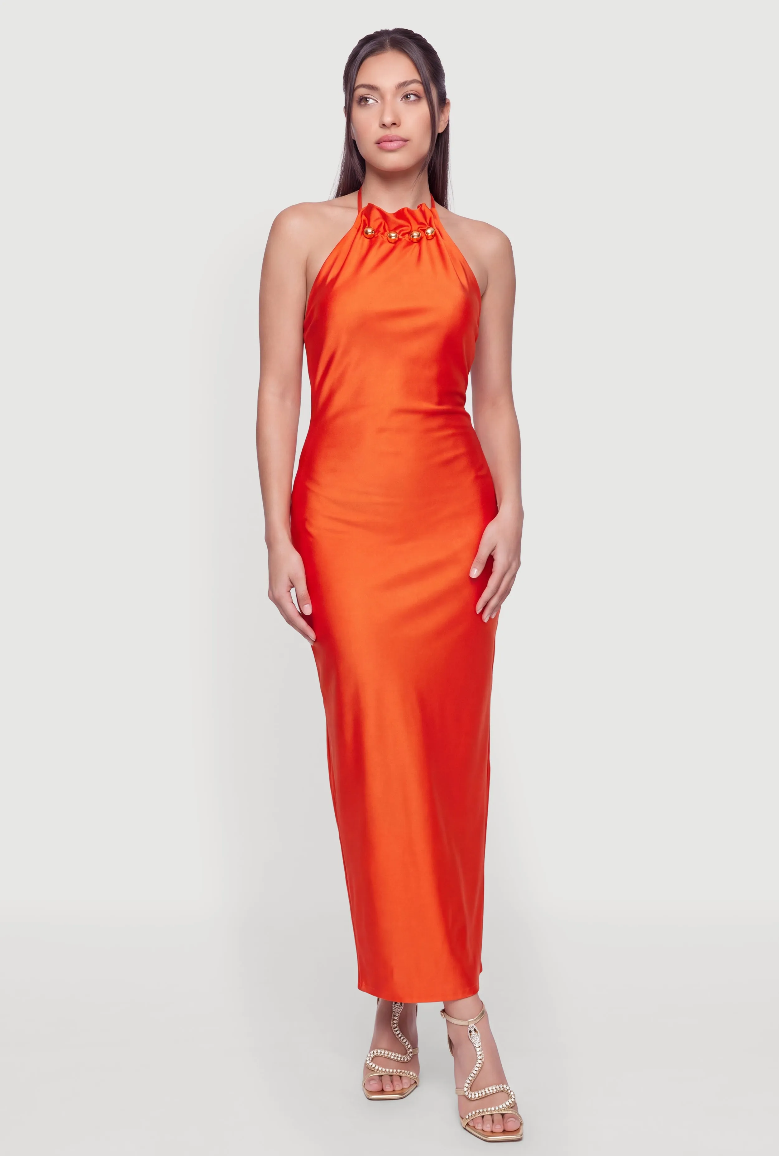 Metallic Beaded Detail Tie Back Halter Dress sold by Rainbow