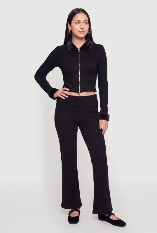 Brushed Ribbed Knit Fold Over Flare Leg Pants made by Rainbow