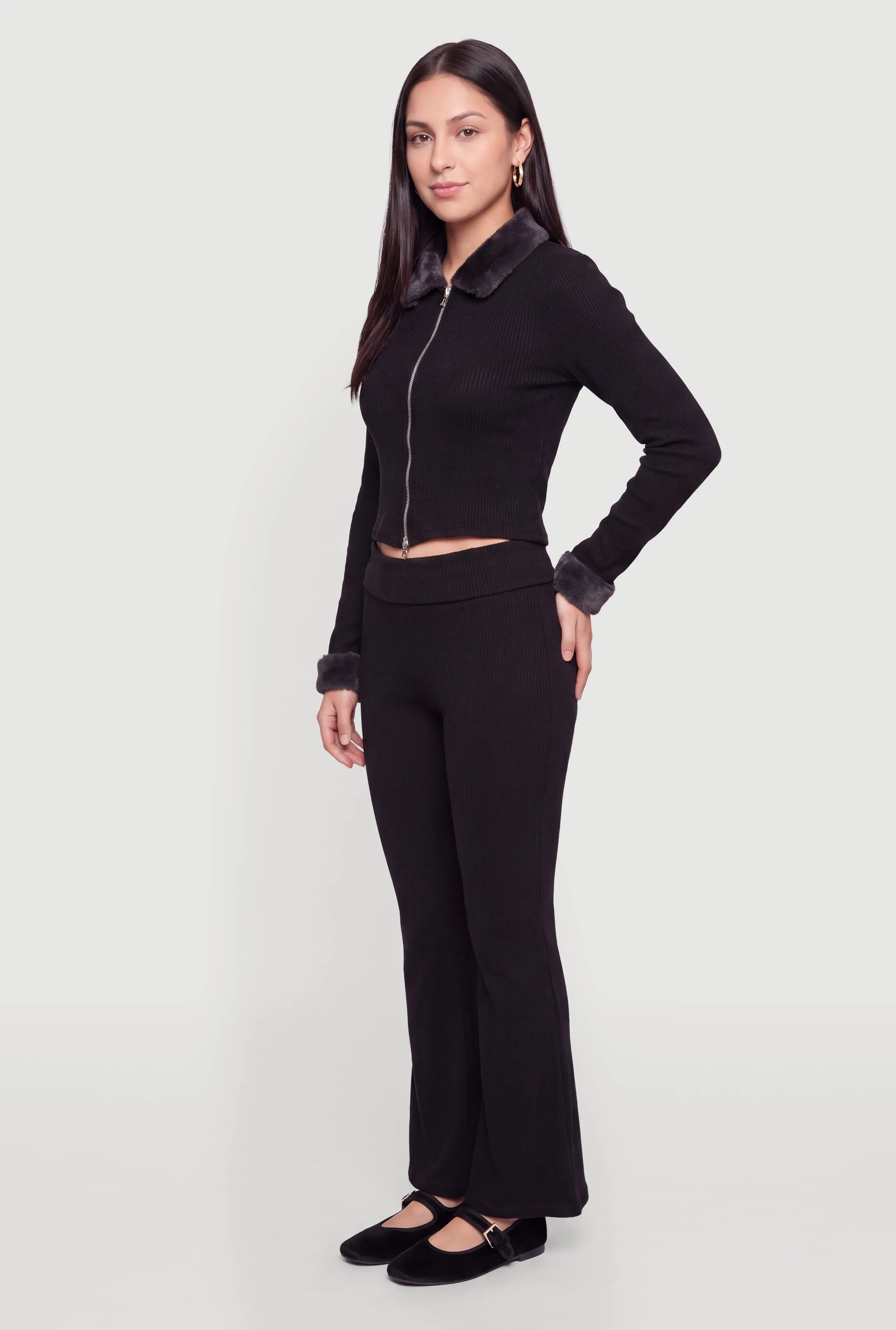 Brushed Ribbed Knit Fold Over Flare Leg Pants sold by Rainbow product image thumbnail 2
