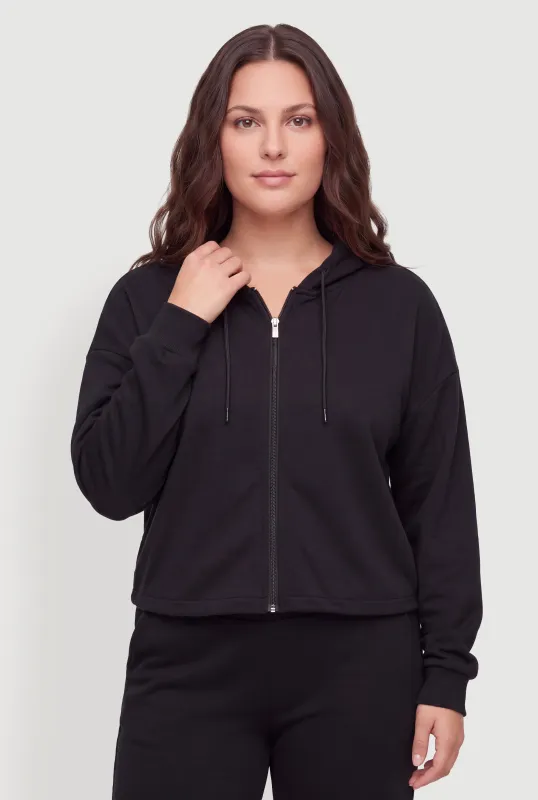 Plus Size Fleece Lined Raw Hem Zip Front Hoodie made by Rainbow