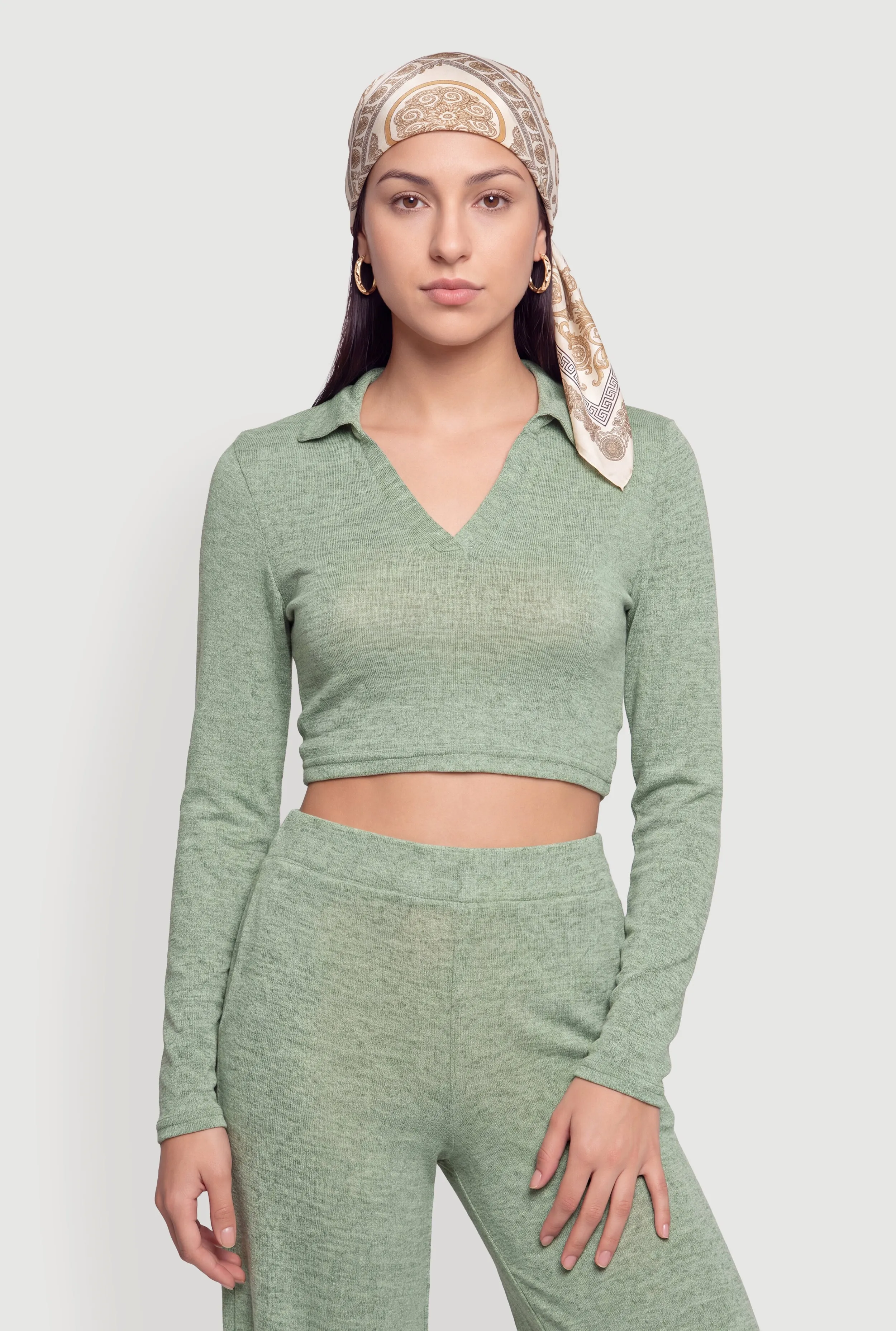 Brushed Knit Long Sleeve Johnny Collar Crop Top sold by Rainbow product image thumbnail 2