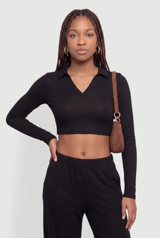 Brushed Knit Long Sleeve Johnny Collar Crop Top made by Daisy