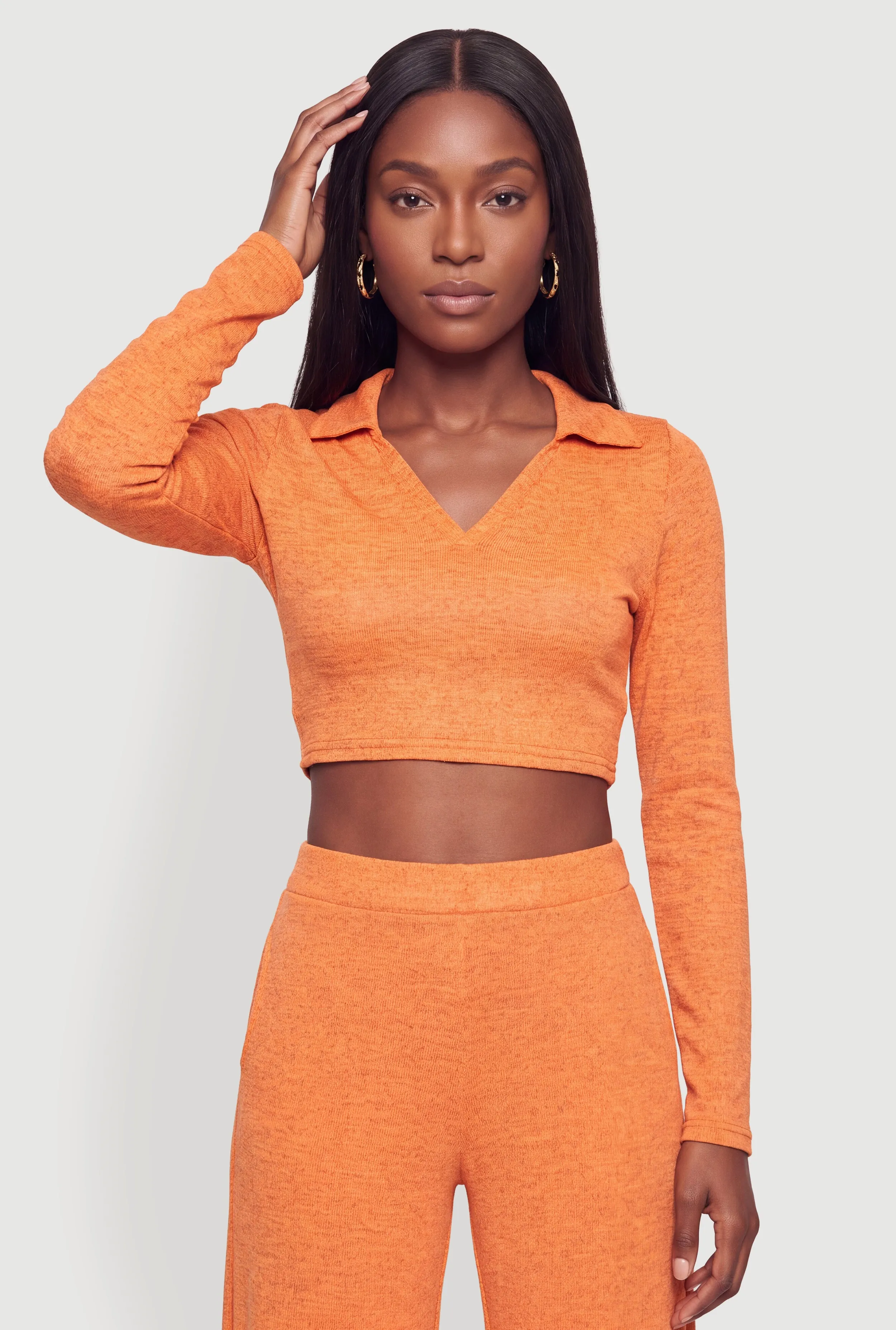 Brushed Knit Long Sleeve Johnny Collar Crop Top sold by Rainbow product image thumbnail 4