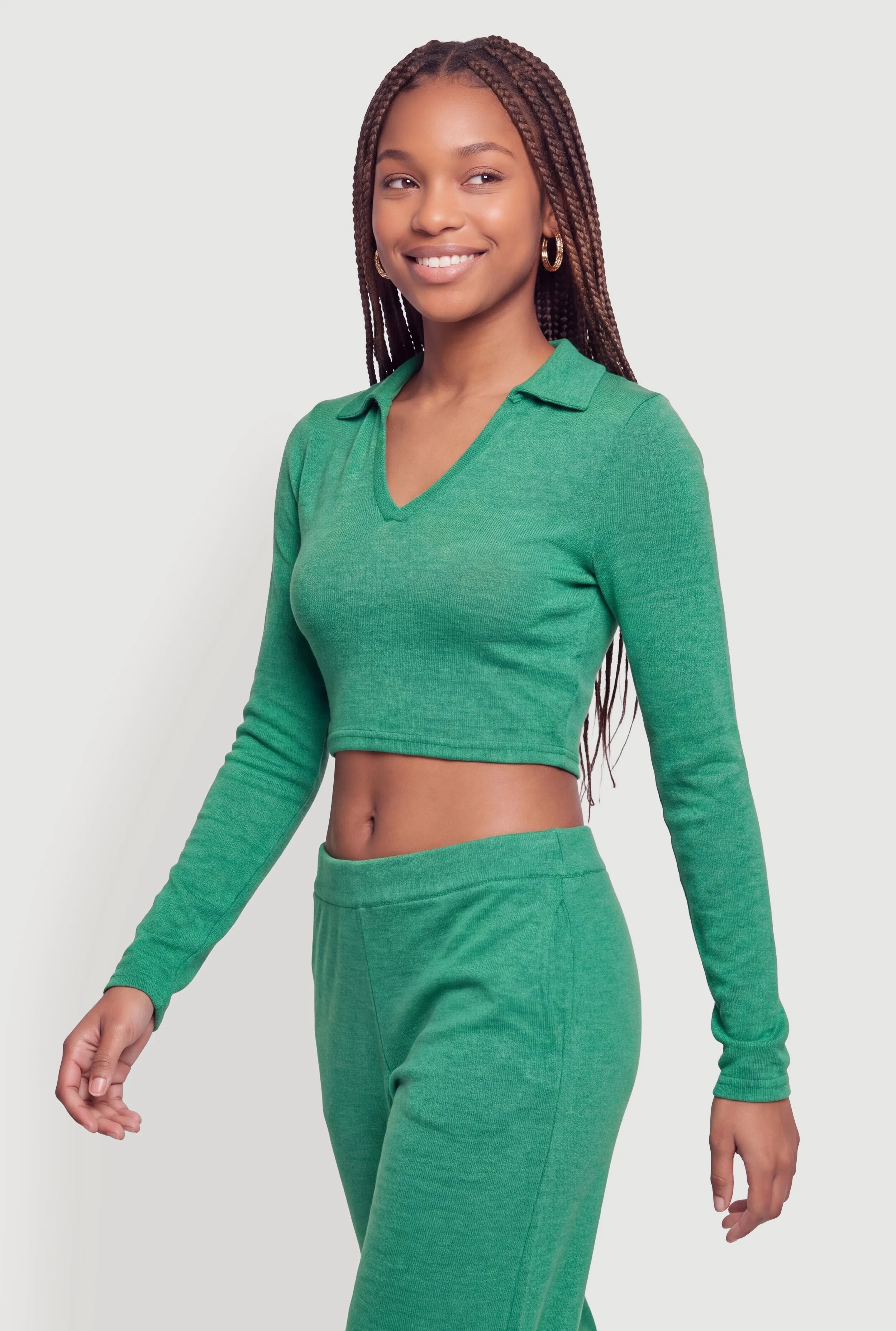 Brushed Knit Long Sleeve Johnny Collar Crop Top sold by Rainbow product image thumbnail 5