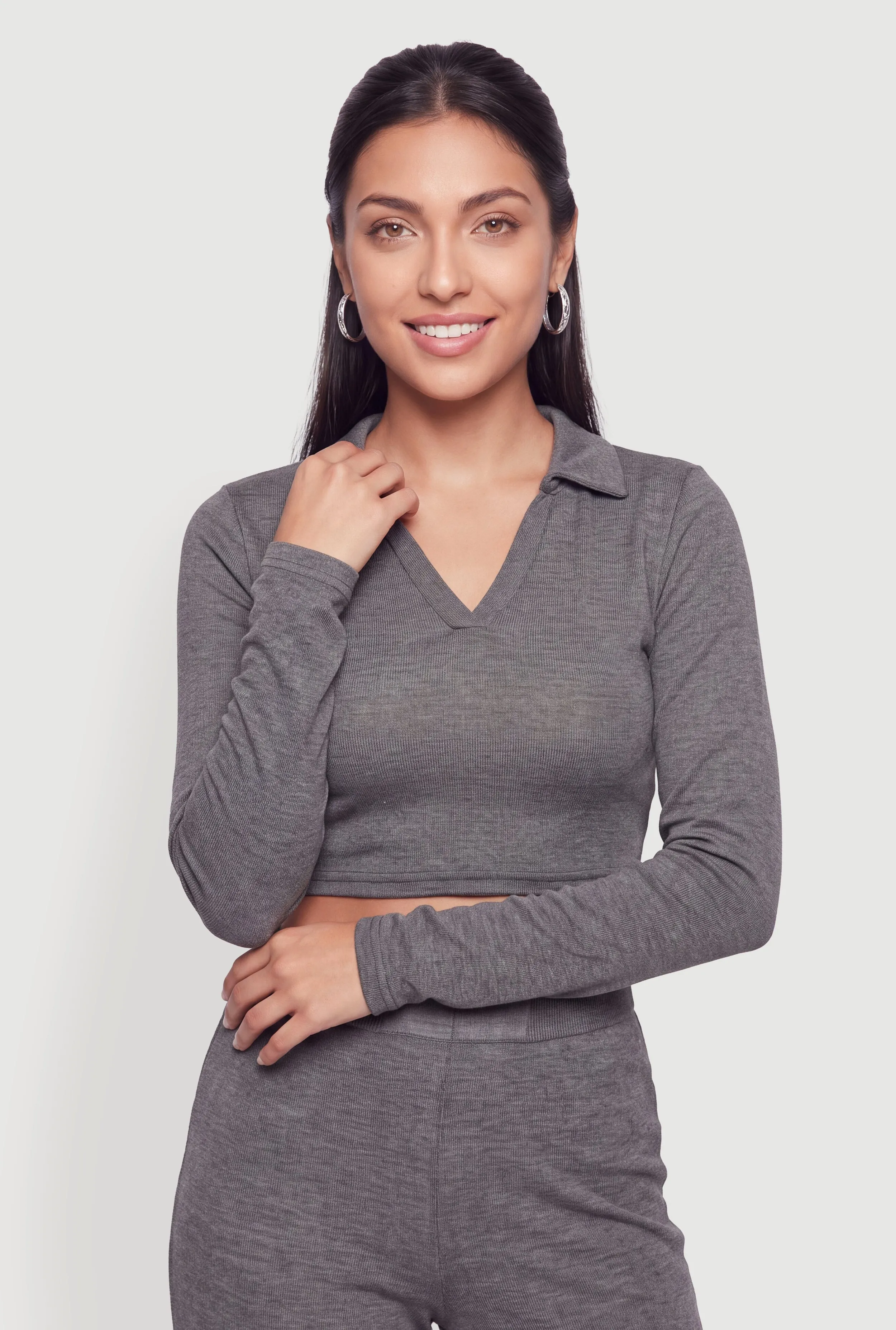 Brushed Knit Long Sleeve Johnny Collar Crop Top sold by Rainbow product image thumbnail 3