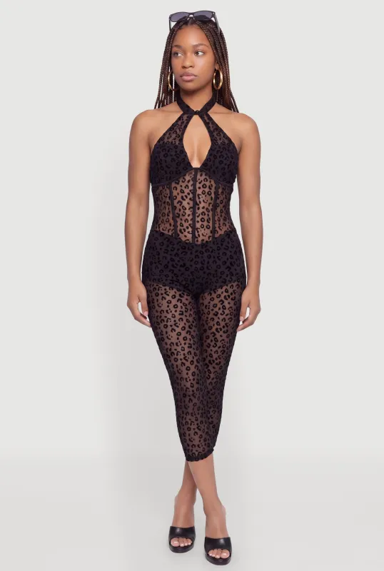 Leopard Print Velvet Burnout Halter Neck Capri Jumpsuit made by Rainbow