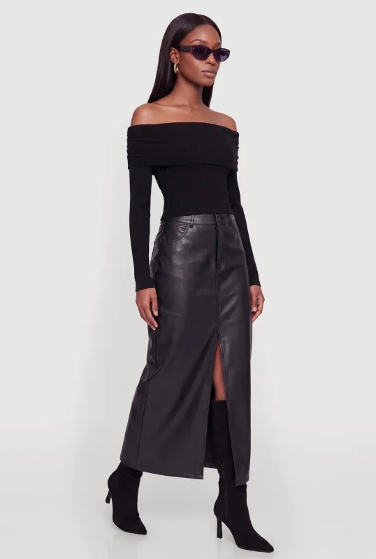 Faux Leather Fleece Lined Front Slit Skirt made by Haute Monde