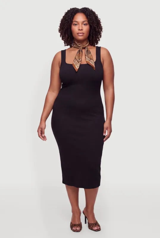 Plus Size Sleeveless Knit Square Neck Bodycon Dress made by Rainbow
