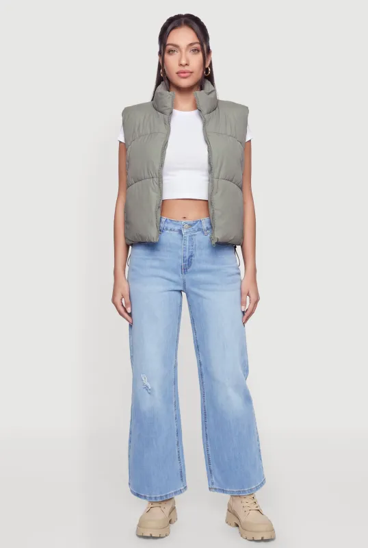 Faux Leather Zip Front Puffer Vest made by Rainbow