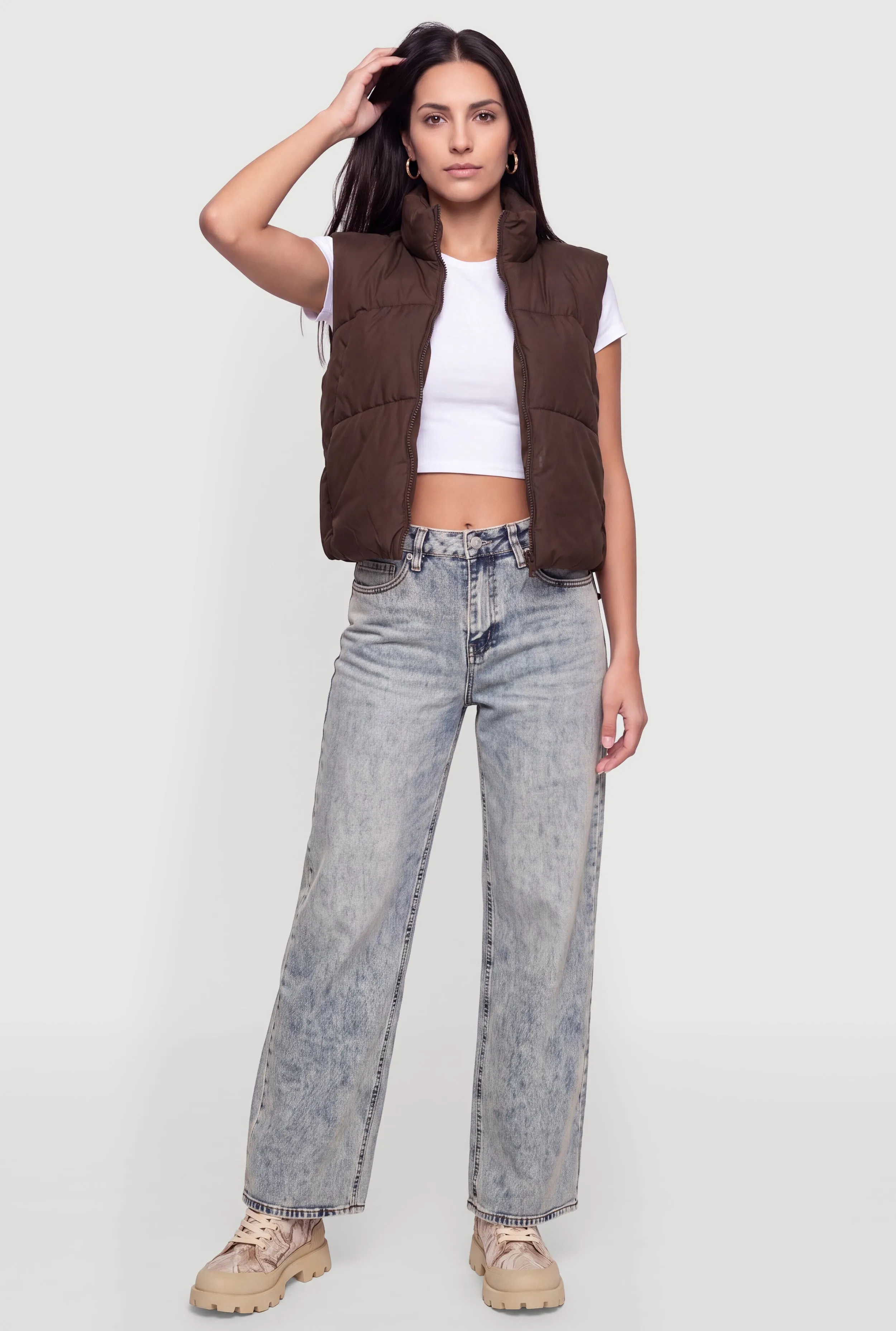 Faux Leather Zip Front Puffer Vest sold by Rainbow