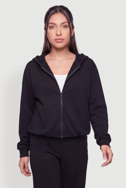 Zip Front Bubble Hem Scuba Hooded Sweatshirt made by iris
