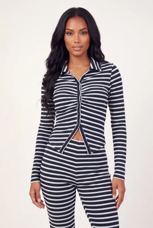Striped Slit Hem Button Front Shirt made by Rainbow