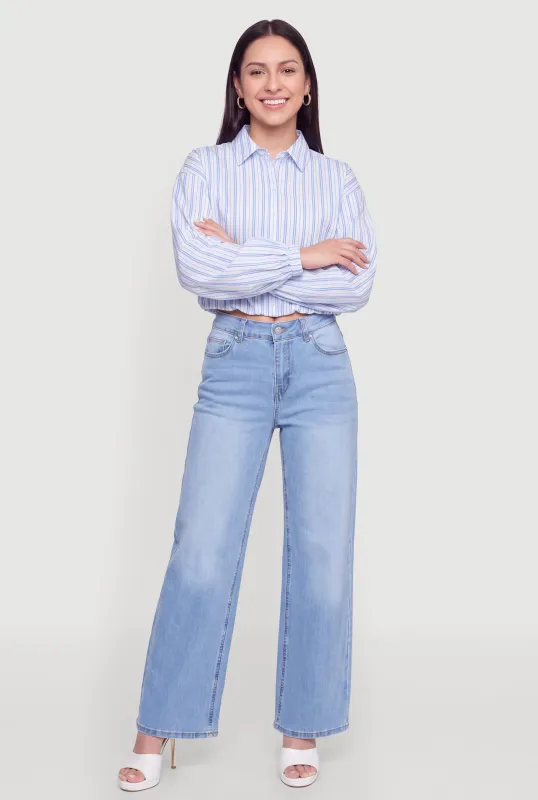 Striped Bubble Hem Button Front Cropped Shirt made by Rainbow