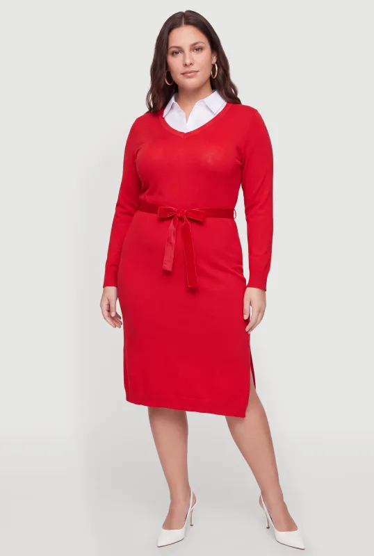 Plus Size Layered Look Collared Sweater Dress made by Rainbow