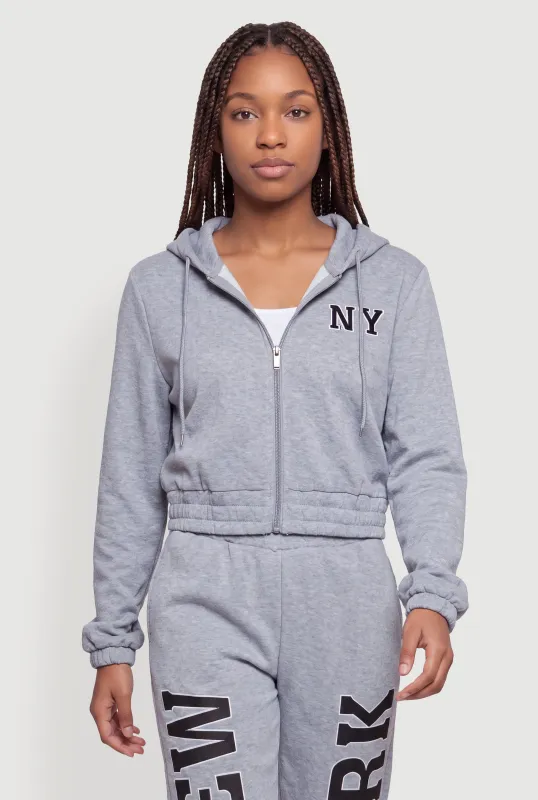 NY Graphic Zip Front Crop Hooded Sweatshirt made by Rainbow