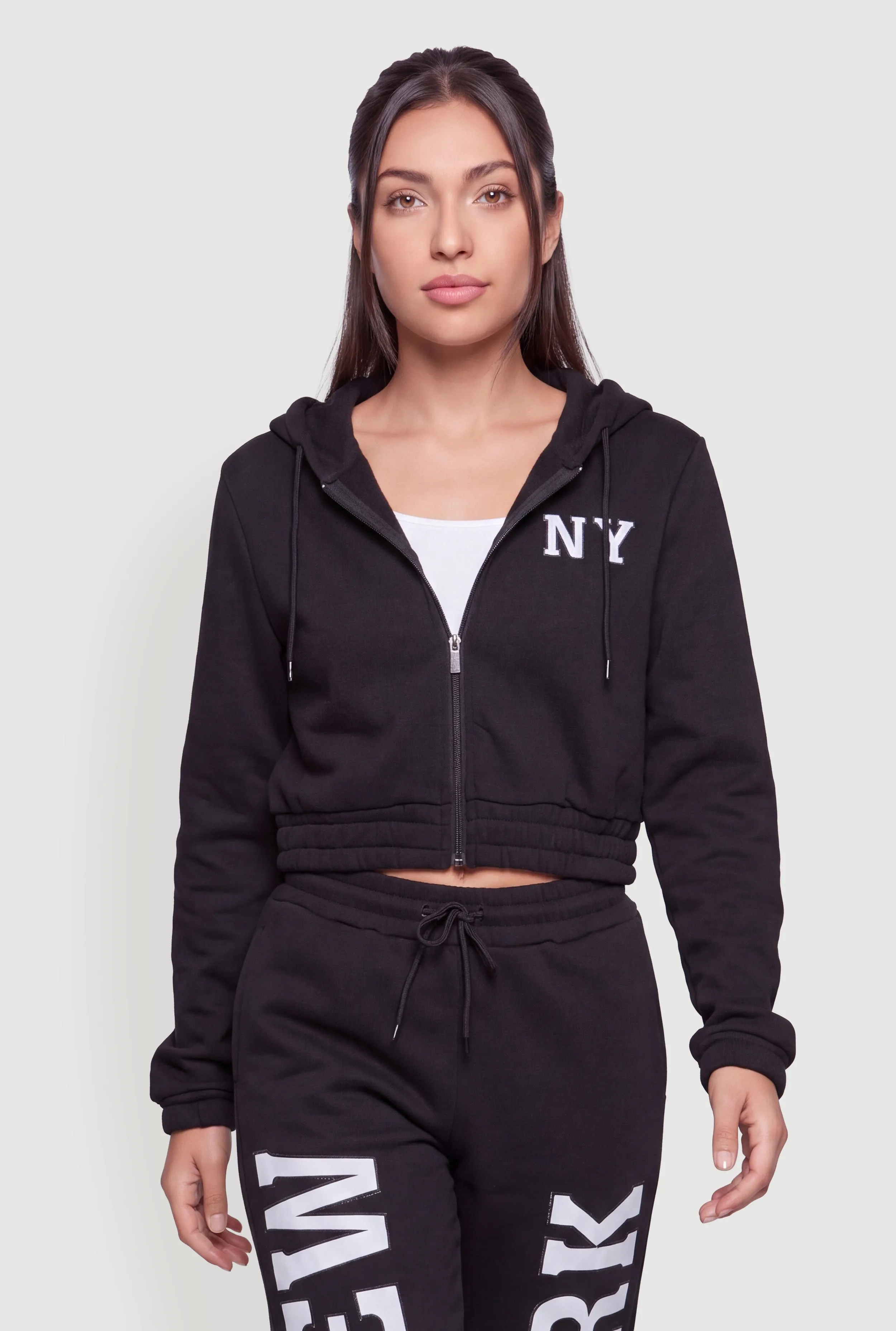 NY Graphic Zip Front Crop Hooded Sweatshirt sold by Rainbow
