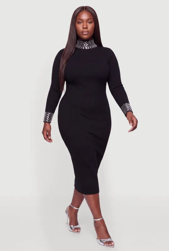 Plus Size Gemstone Trim Mock Neck Long Sleeve Maxi Dress made by Almost Famous