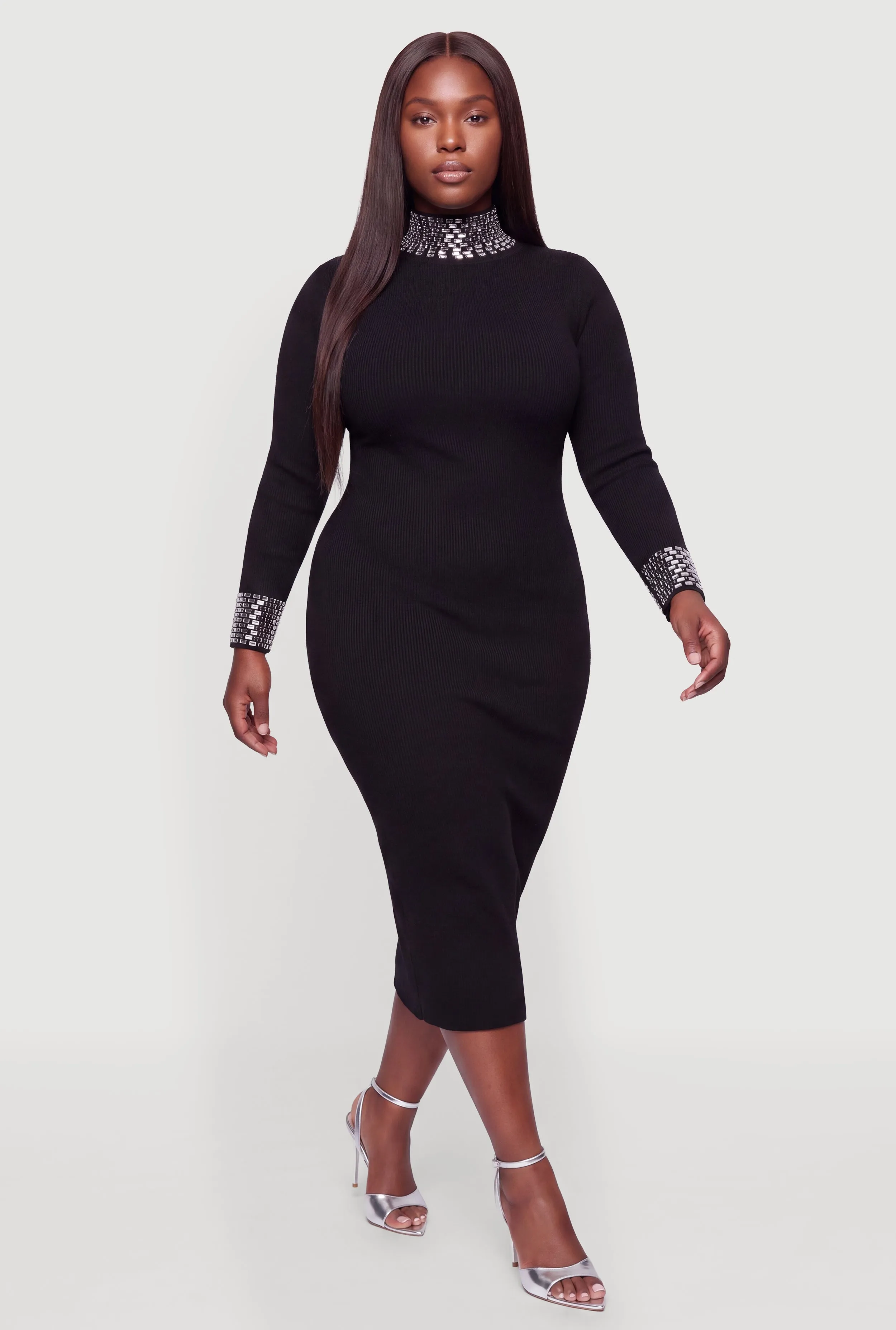Plus Size Gemstone Trim Mock Neck Long Sleeve Maxi Dress sold by Rainbow