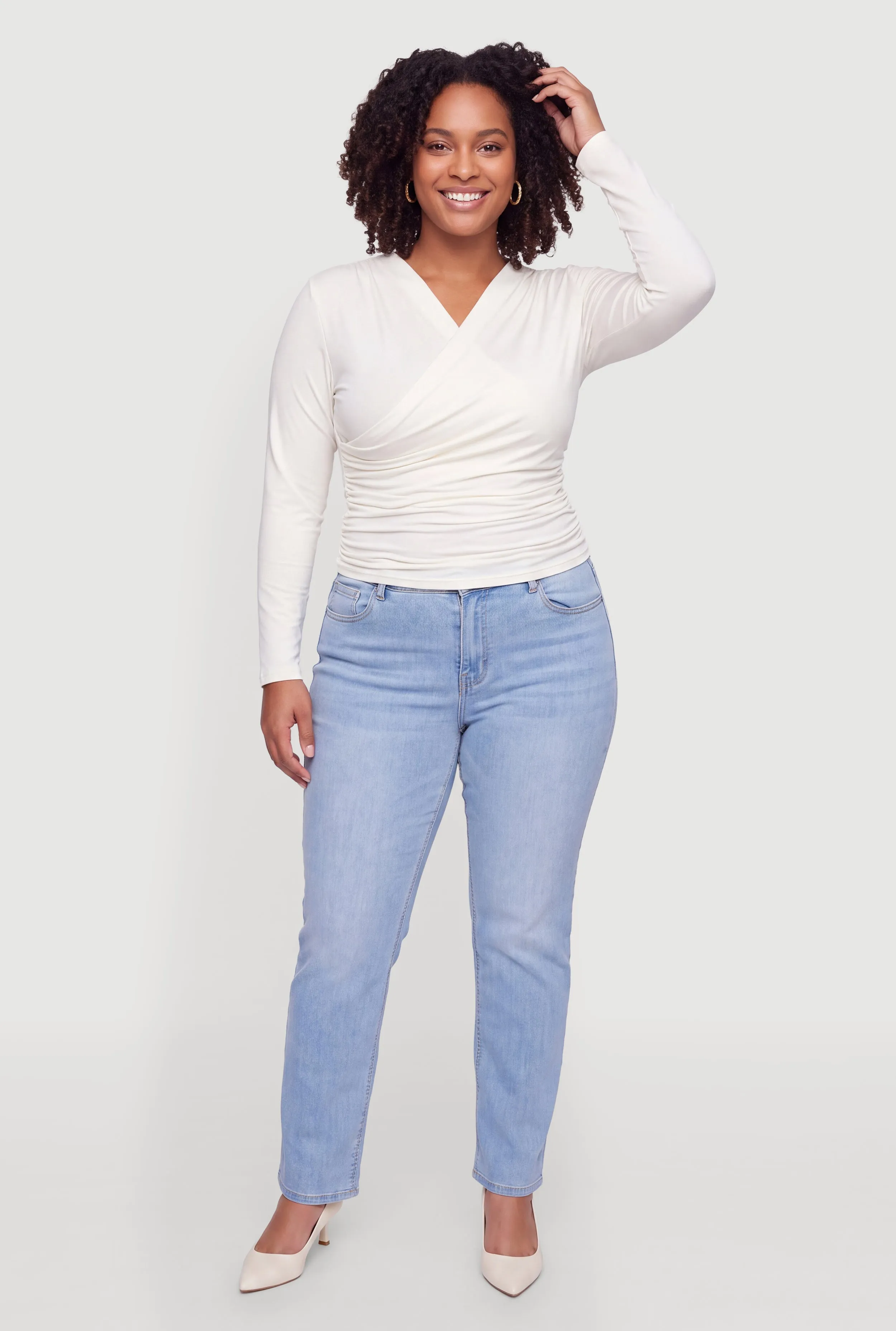 Plus Size Long Sleeve Ruched Faux Wrap Blouse sold by Rainbow product image thumbnail 3