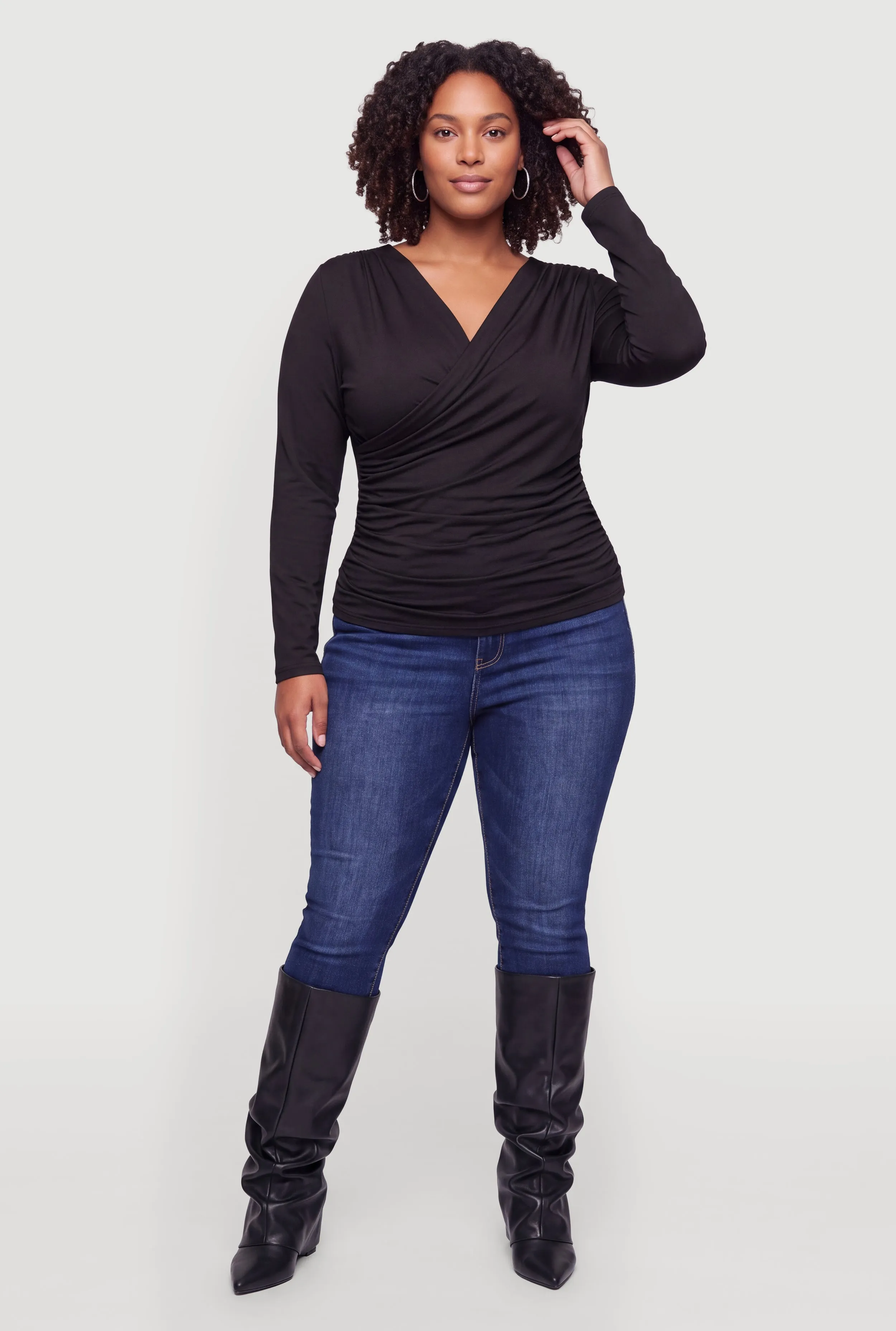 Plus Size Long Sleeve Ruched Faux Wrap Blouse sold by Rainbow product image thumbnail 2