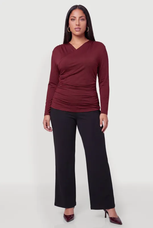 Plus Size Long Sleeve Ruched Faux Wrap Blouse made by Rainbow
