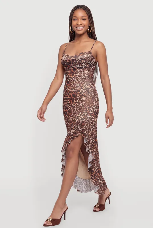 Mesh Printed Pattern Ruffle Trim Cowl Bustier Dress made by Madden Girl