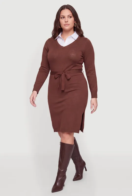 Plus Size Layered Look Collared Sweater Dress made by Rainbow