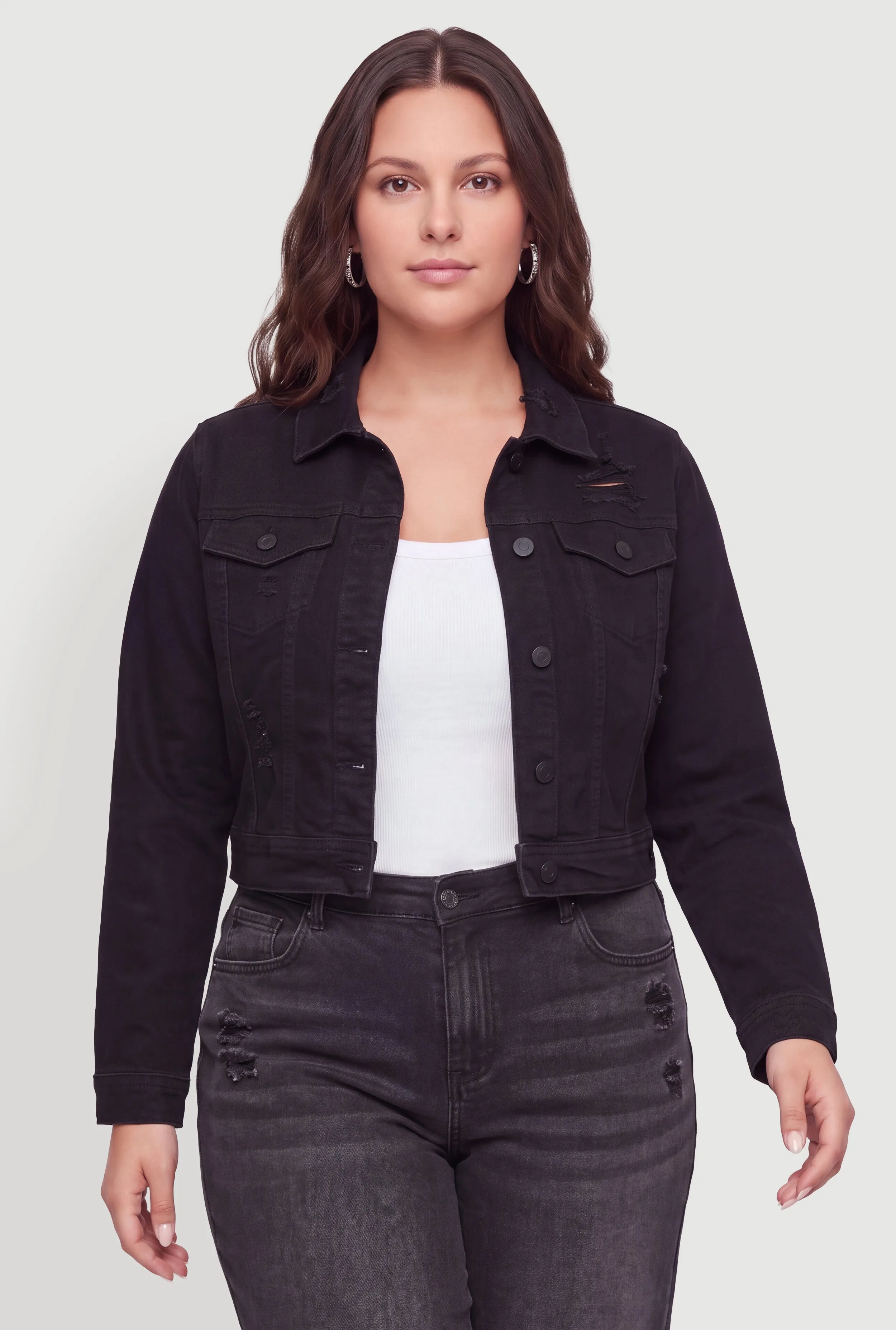 Plus Size WAX Distressed Cropped Denim Jacket sold by Rainbow