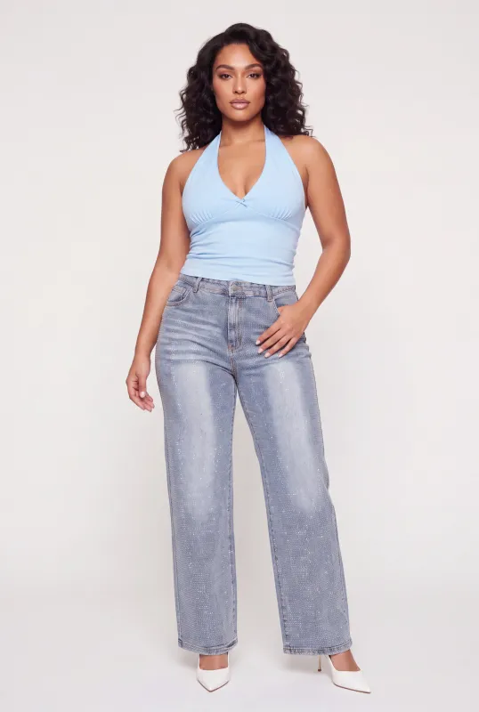 Plus Size Rhinestone Studded Whiskered Wide Leg Jeans made by Daisy