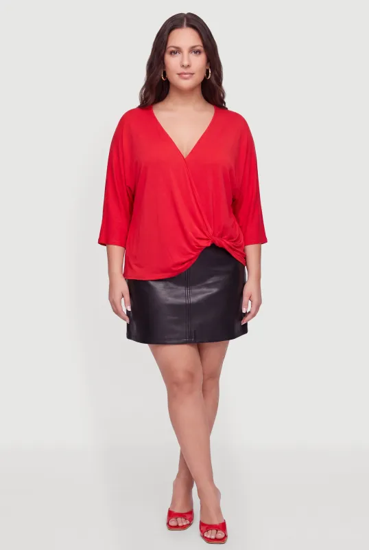 Plus Size Three Quarter Sleeve Faux Wrap Blouse made by Rainbow