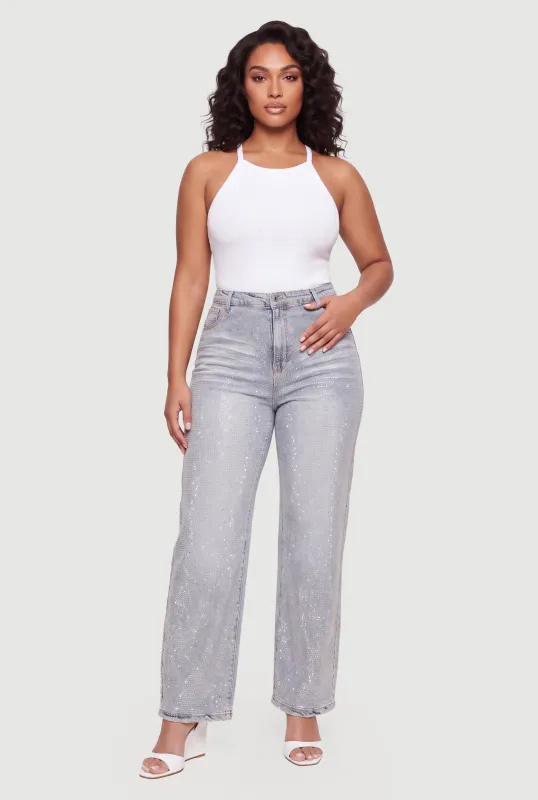 Plus Size Rhinestone Studded Whiskered Wide Leg Jeans made by Daisy