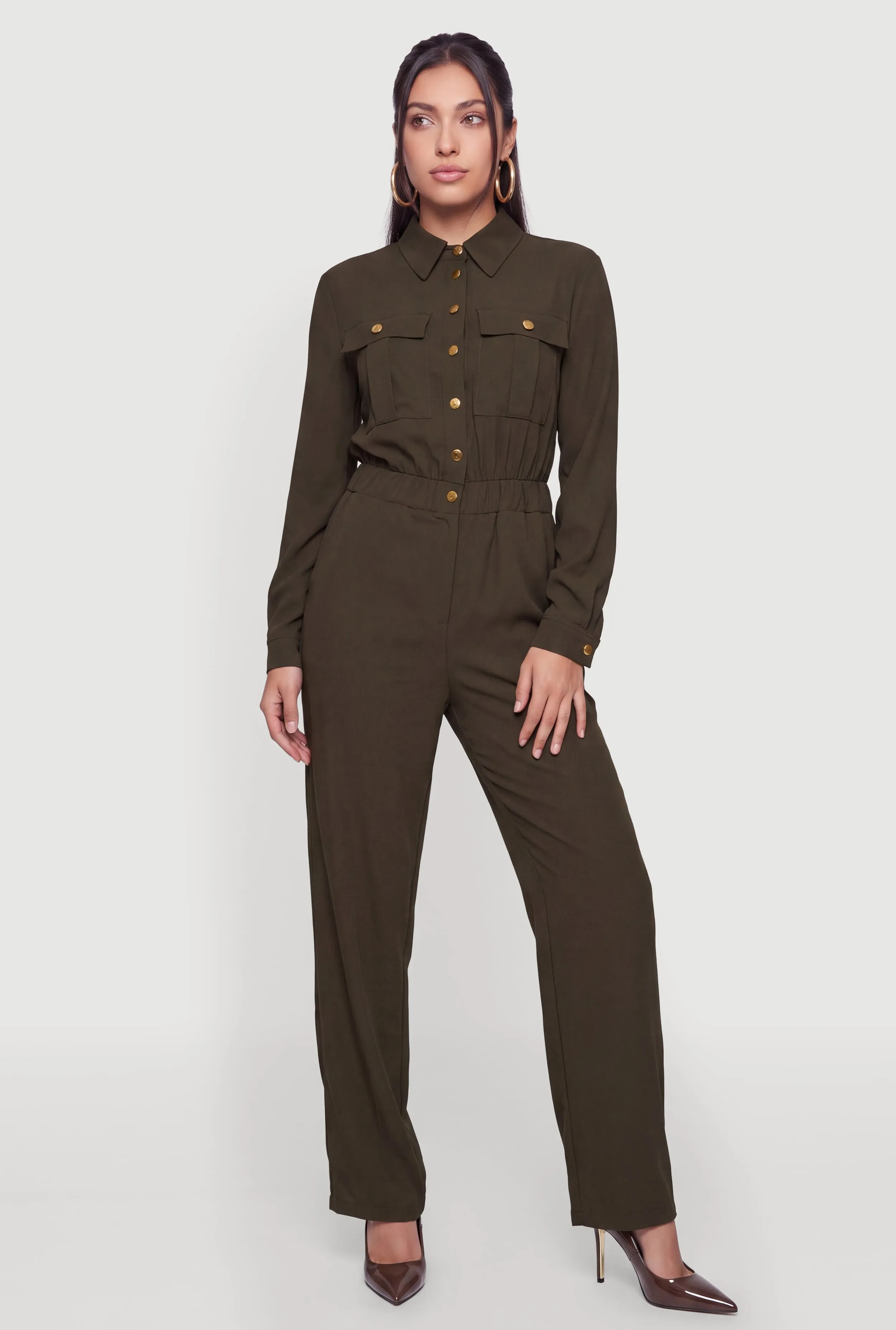 Crepe Knit Long Sleeve Button Front Jumpsuit sold by Rainbow