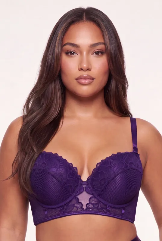 Plus Size Scalloped Mesh Detail Longline Lace Plunge Bra made by Rainbow