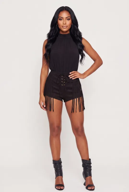 Faux Suede Lace Up Fringe Shorts made by Rainbow