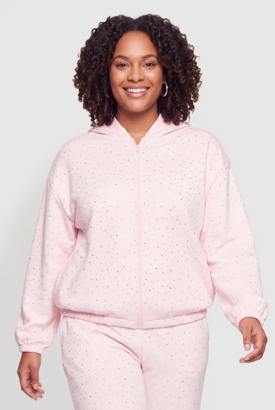 Plus Size Rhinestone Studded Zip Front Hooded Sweatshirt made by Almost Famous